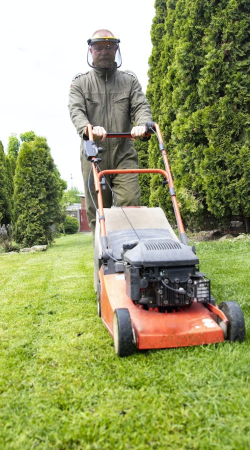 Lawn mover on green grass. Machine for cutting lawns.