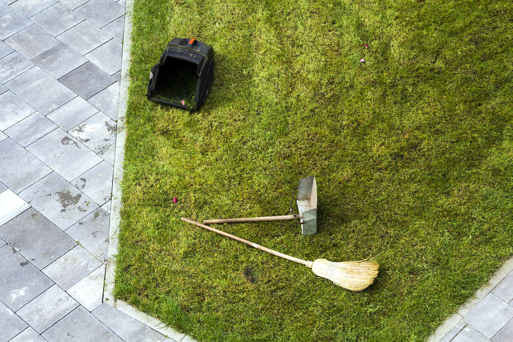 Jug dustpan and a broom on a green grass lawn. Gardening tools.