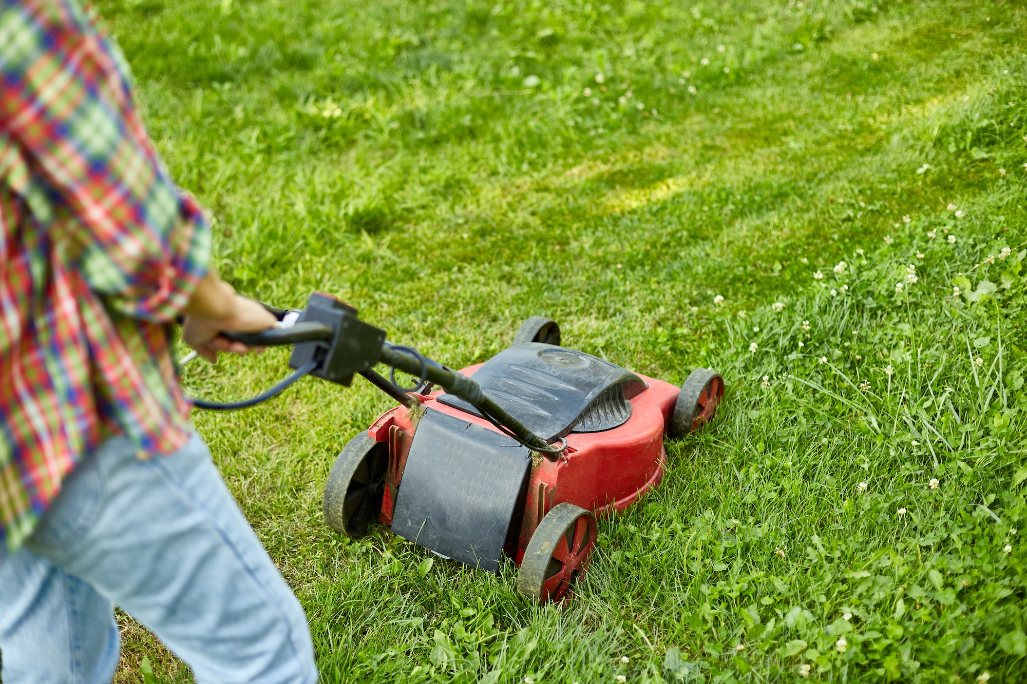 unrecognizable Woman mows the lawn with a lawn mower grass at home garden, gardener woman working